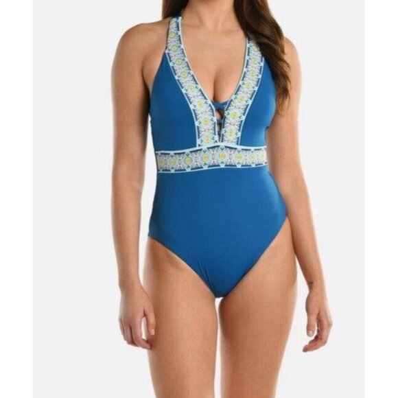 La Blanca Sz 4 Swimsuit Reversible One Piece Blue Mosaic UPF 50+ Boho Retro - Picture 3 of 9